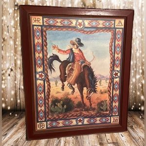 Home Interiors Cowboy Western Horse Ranch Framed Picture 23” Wood Glass Vintage